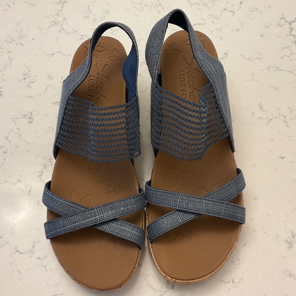 Skechers Beverley High Tea Blue Wedge Sandals
